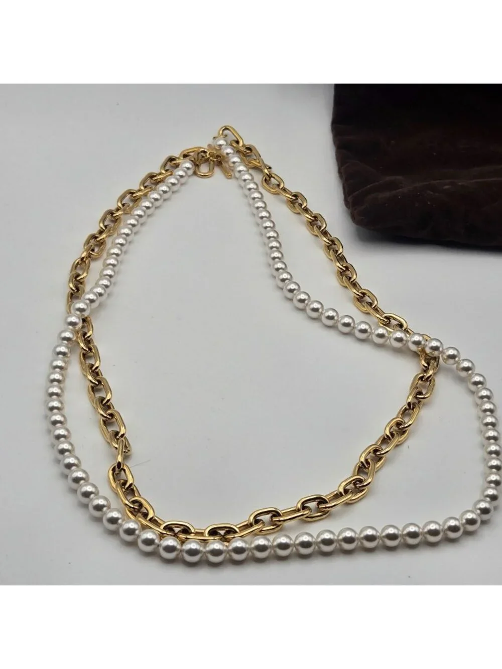 Michael Kors Gold Chain & Faux Pearl Necklace With Toggle Closure